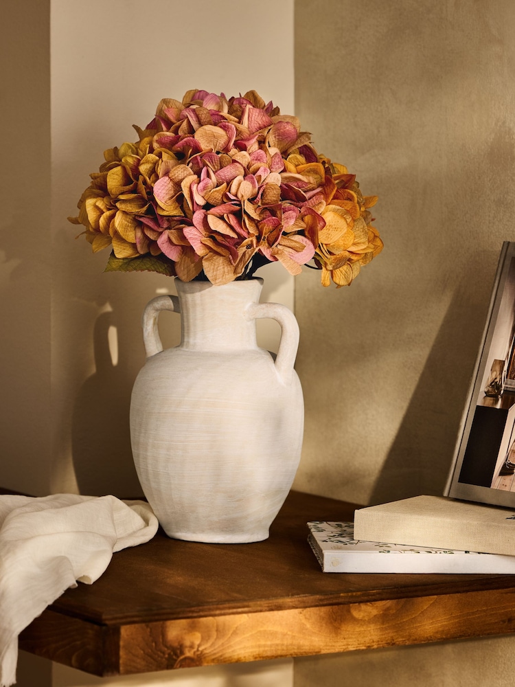 Orange Hydrangea Arrangement Artificial Flowers In Large Ceramic Vase - Image 4 of 4