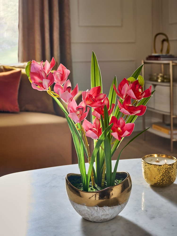 Pink Artificial Orchid In Gold Ceramic Pot - Image 1 of 4