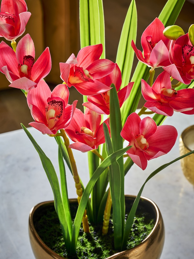 Pink Artificial Orchid In Gold Ceramic Pot - Image 2 of 4