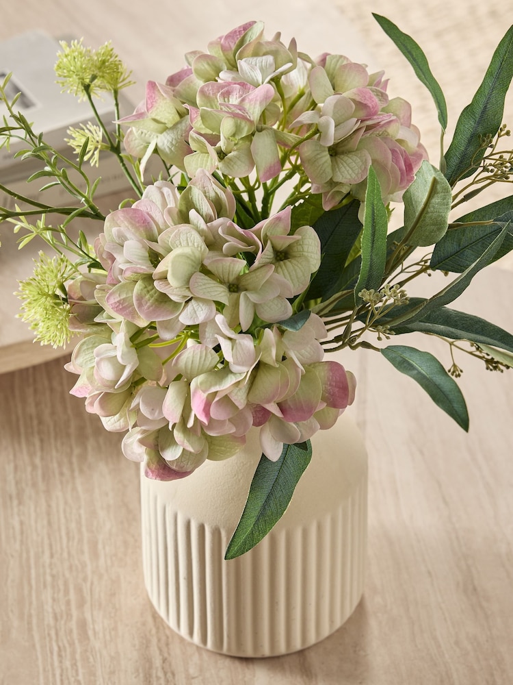 Green Artificial Hydrangea Arrangement In Ribbed Pot - Image 2 of 4