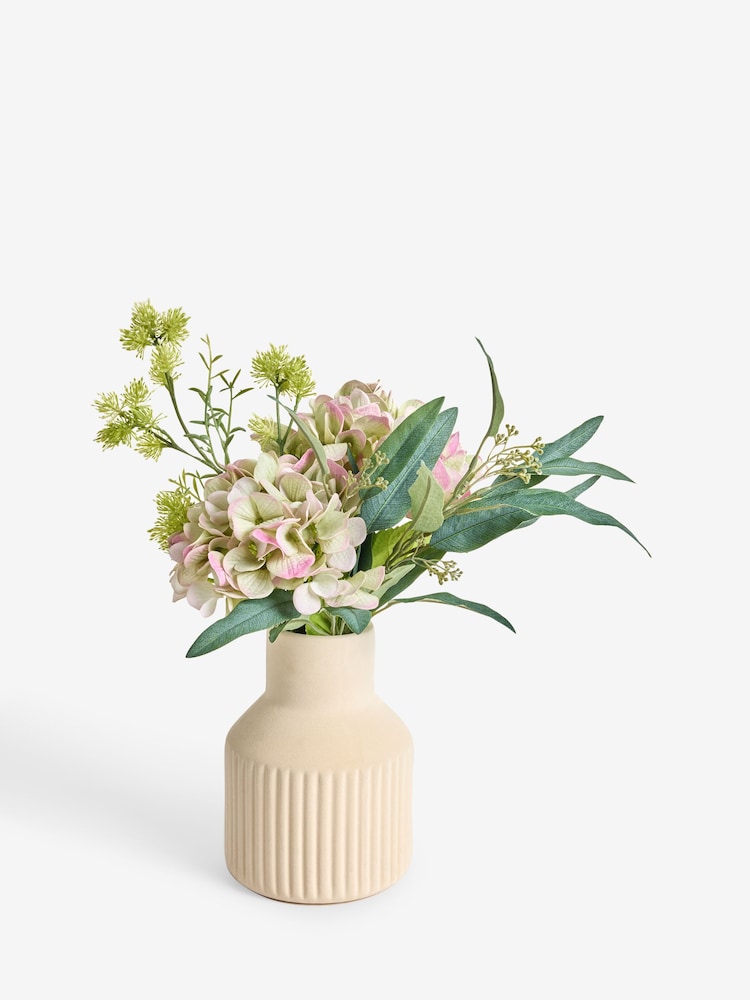 Green Artificial Hydrangea Arrangement In Ribbed Pot - Image 4 of 4