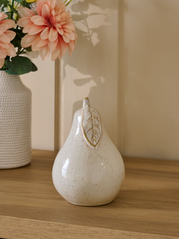 White Speckled Pear Ceramic Fruit Ornament - Image 1 of 4 White Speckled Pear Ceramic Fruit Ornament - Image 1 of 4