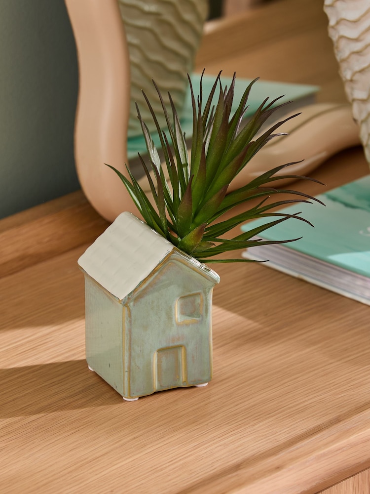 Green Artificial Succulent in Mini Ceramic House - Image 1 of 4