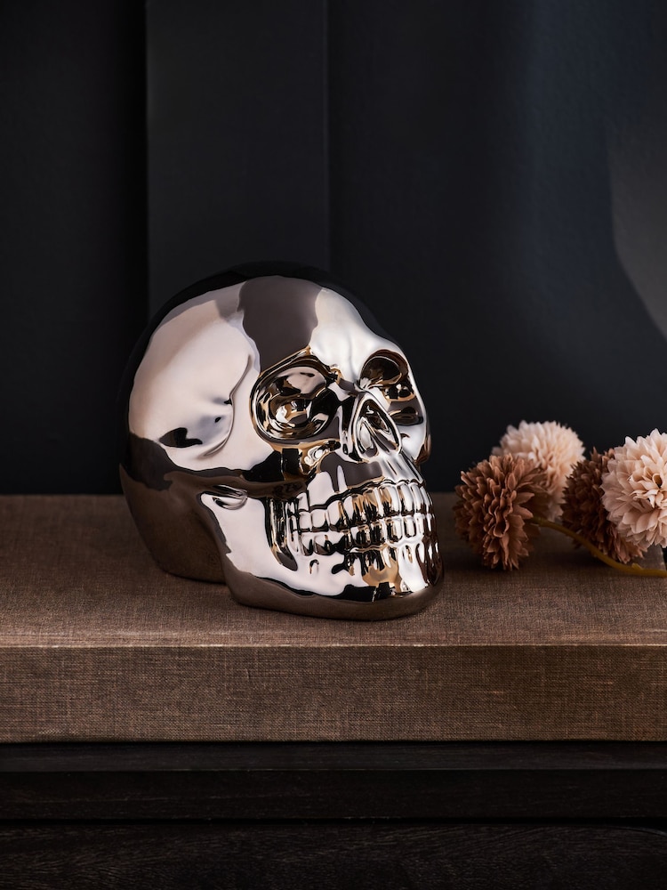 Silver Electroplated Ceramic Skull Ornament - Image 1 of 6