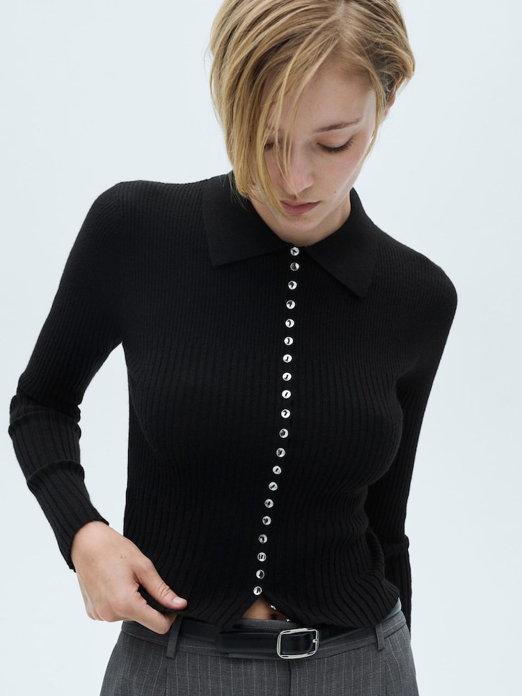 Mango Black Long Sleeve Ribbed Polo Top - Image 1 of 6 Mango Black Long Sleeve Ribbed Polo Top - Image 1 of 6