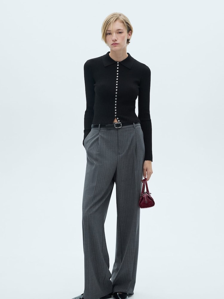 Mango Black Long Sleeve Ribbed Polo Top - Image 2 of 6 Mango Black Long Sleeve Ribbed Polo Top - Image 2 of 6