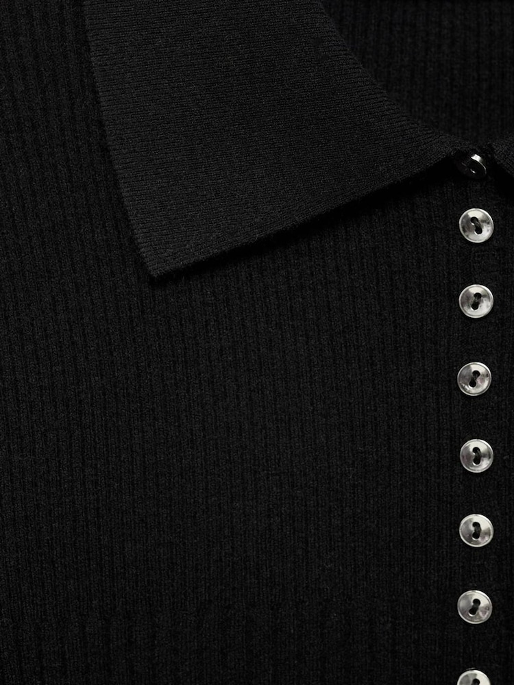 Mango Black Long Sleeve Ribbed Polo Top - Image 6 of 6 Mango Black Long Sleeve Ribbed Polo Top - Image 6 of 6