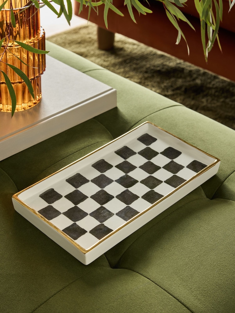 Blue/White Checkerboard Ceramic Trinket Tray - Image 1 of 3 Blue/White Checkerboard Ceramic Trinket Tray - Image 1 of 3
