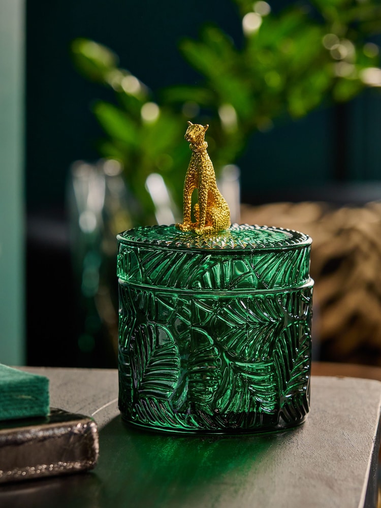 Green Glass Leopard Print Detail Trinket Pot - Image 1 of 4