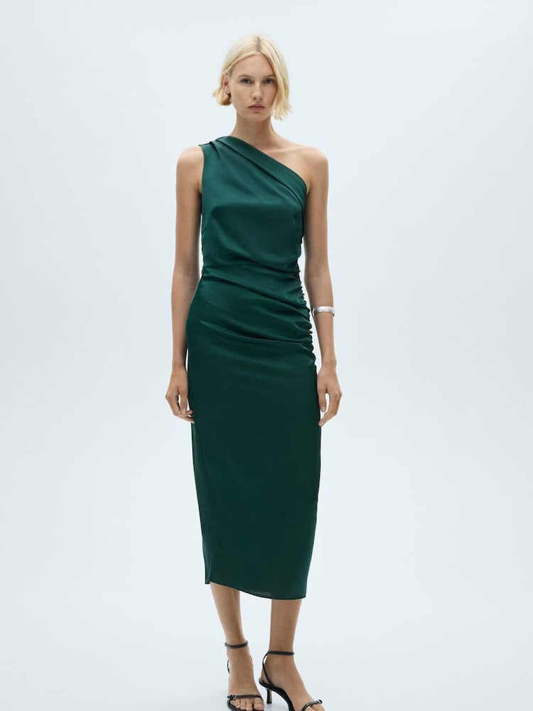 Mango Green One Shoulder Side Split Midi Dress - Image 1 of 7 Mango Green One Shoulder Side Split Midi Dress - Image 1 of 7