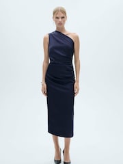 Mango Blue One Shoulder Side Split Midi Dress - Image 1 of 7
