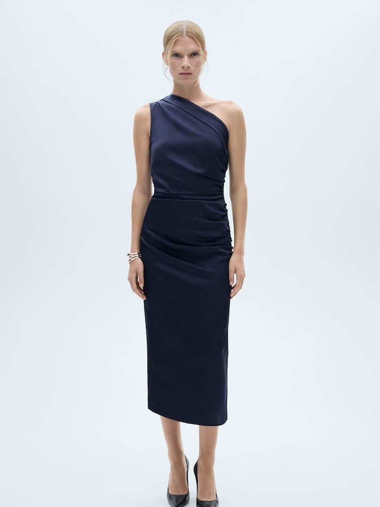 Mango Blue One Shoulder Side Split Midi Dress - Image 1 of 7
