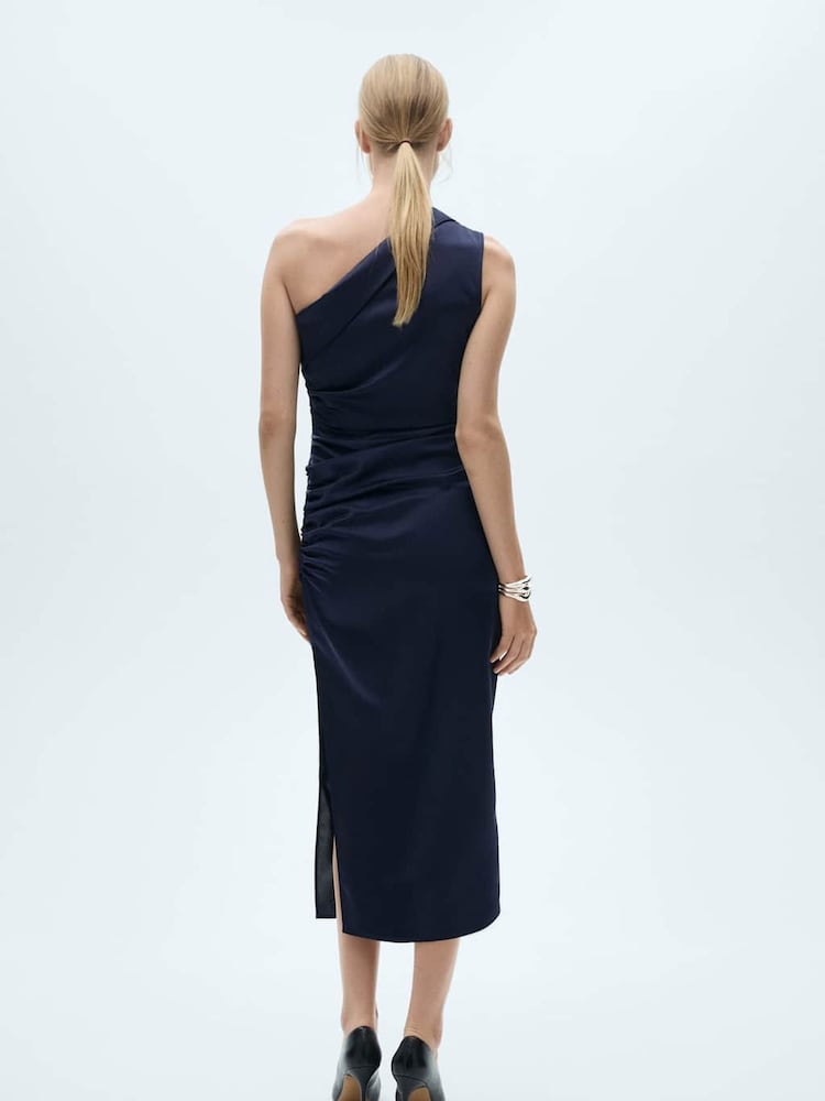 Mango Blue One Shoulder Side Split Midi Dress - Image 2 of 7