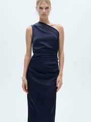 Mango Blue One Shoulder Side Split Midi Dress - Image 3 of 7