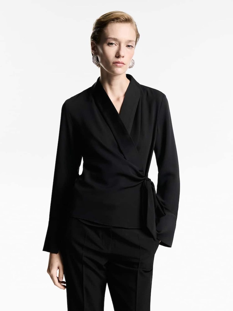 Mango Black Bow Satin Blouse - Image 1 of 6