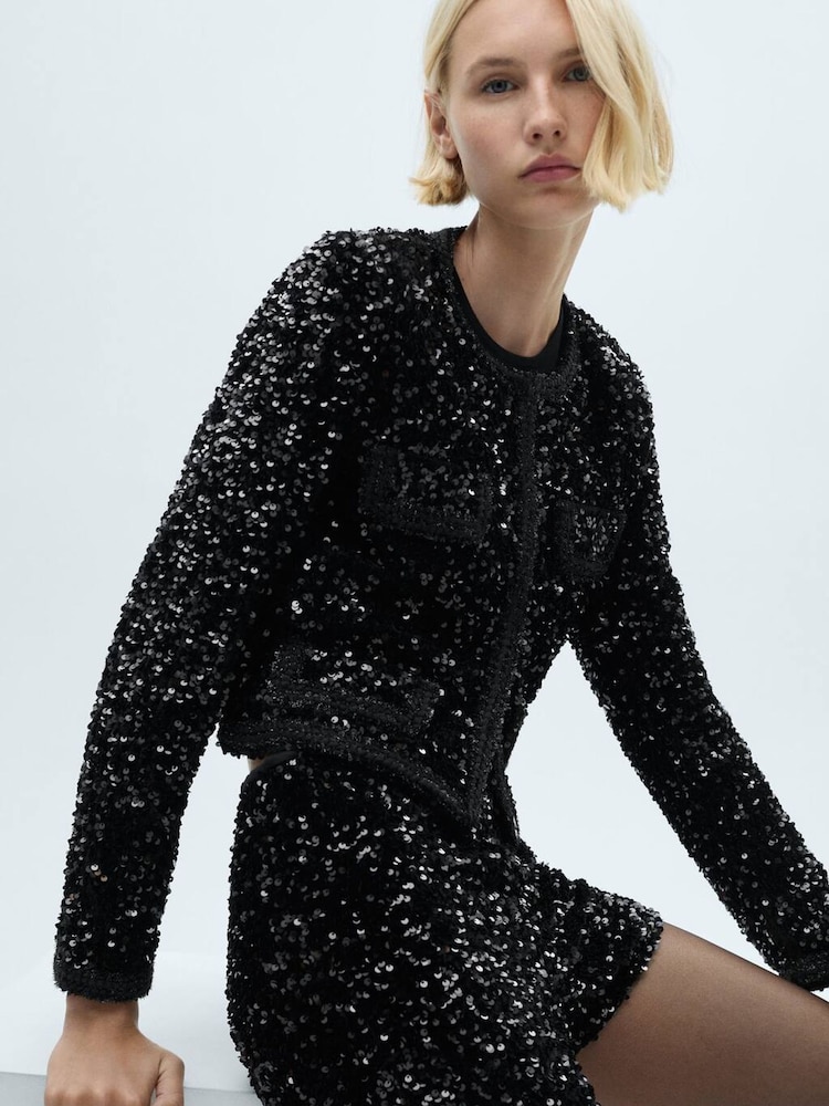 Mango Black Sequin Cropped Jacket - Image 1 of 6 Mango Black Sequin Cropped Jacket - Image 1 of 6