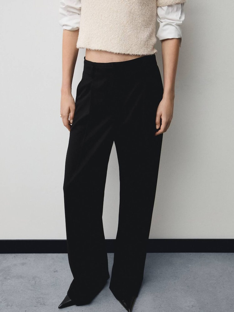 Mango Black Straight Fit Pleated Trousers - Image 1 of 8