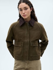 Mango Brown Cropped Denim Barn Parka Jacket With Contrasting Collar - Image 1 of 7