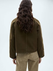 Mango Brown Cropped Denim Barn Parka Jacket With Contrasting Collar - Image 3 of 7