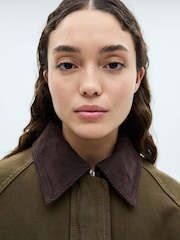 Mango Brown Cropped Denim Barn Parka Jacket With Contrasting Collar - Image 4 of 7