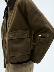 Mango Brown Cropped Denim Barn Parka Jacket With Contrasting Collar - Image 5 of 7