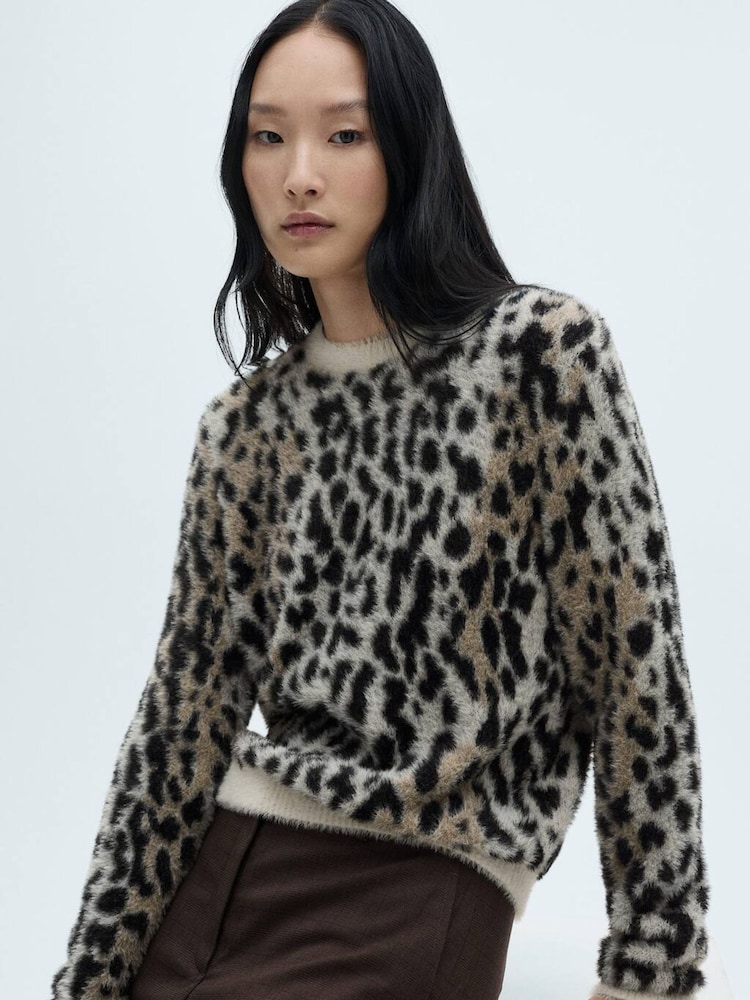 Mango Black Animal Print Fluffy Jumper - Image 1 of 6