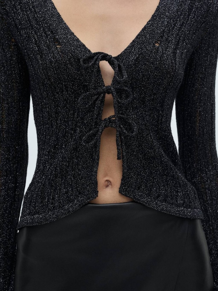 Mango Black Sparkle Cardigan With Bows - Image 2 of 6