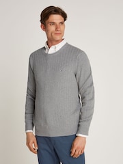 Grau - Tommy Hilfiger 100% Baumwoll-Rundhalspullover mit Fischgrätenmuster - Bild 1 von 6