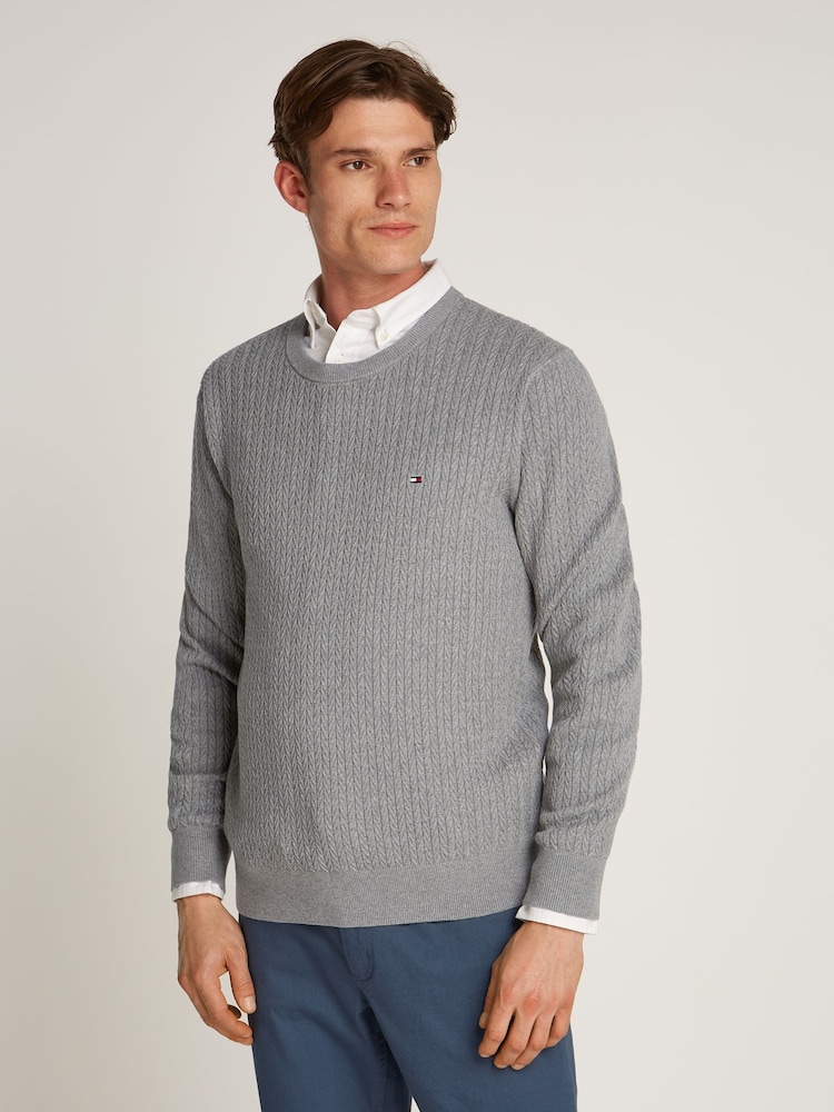 Grau - Tommy Hilfiger 100% Baumwoll-Rundhalspullover mit Fischgrätenmuster - Bild 1 von 6