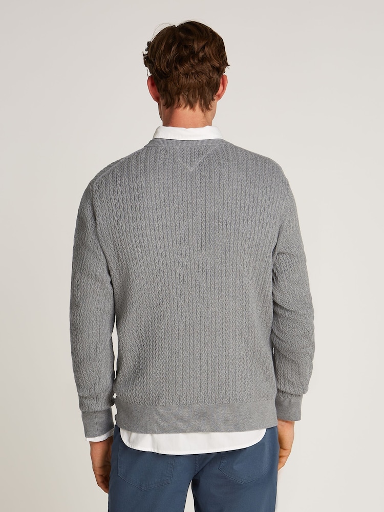 Grau - Tommy Hilfiger 100% Baumwoll-Rundhalspullover mit Fischgrätenmuster - Bild 2 von 6