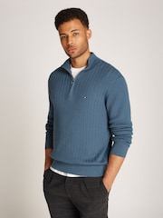 Tommy Hilfiger Blue Herringbone 100% Cotton Zip Jumper - Image 1 of 6