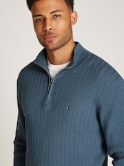 Tommy Hilfiger Blue Herringbone 100% Cotton Zip Jumper - Image 3 of 6