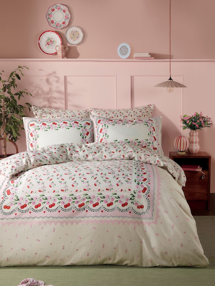 Cath Kidston Pink and Cream 100% Cotton Cherry Picked Duvet Cover and Pillowcase Set - Image 1 of 6