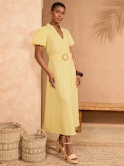 Love & Roses Yellow V-Neck Belted Puff Sleeve Midi Dress - Image 1 of 4