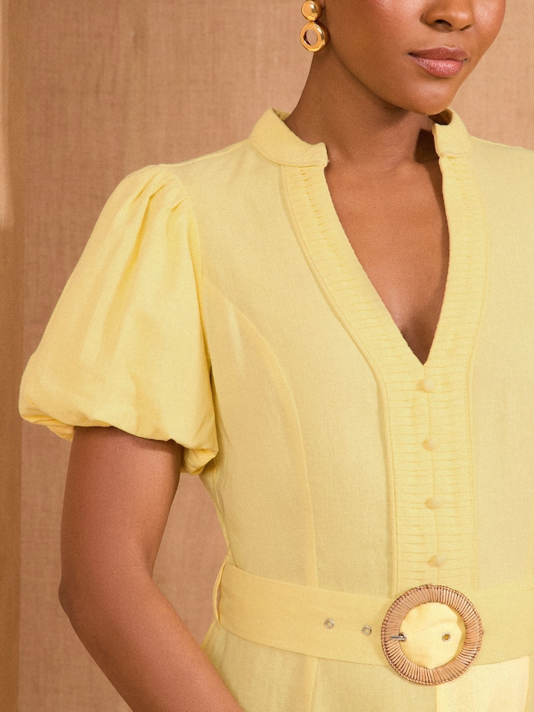 Love & Roses Yellow V-Neck Belted Puff Sleeve Midi Dress - Image 2 of 4 Love & Roses Yellow V-Neck Belted Puff Sleeve Midi Dress - Image 2 of 4