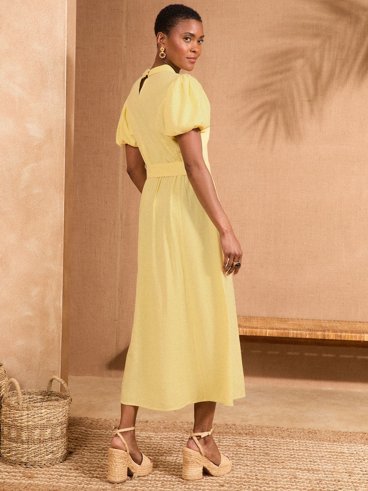 Love & Roses Yellow V-Neck Belted Puff Sleeve Midi Dress - Image 4 of 4 Love & Roses Yellow V-Neck Belted Puff Sleeve Midi Dress - Image 4 of 4