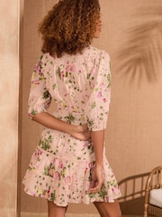 Love & Roses Pink Floral Print Dobby V-Neck Belted Short Sleeve Mini Dress - Image 4 of 4