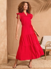 Love & Roses Red Flutter Sleeve Tired 100% Cotton Midi Dress - Image 1 of 4