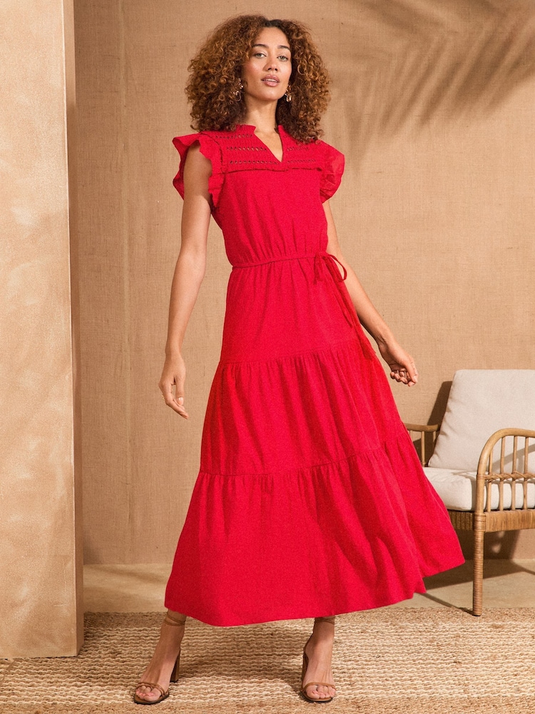 Love & Roses Red Flutter Sleeve Tired 100% Cotton Midi Dress - Image 1 of 4