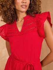 Love & Roses Red Flutter Sleeve Tired 100% Cotton Midi Dress - Image 2 of 4