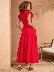 Love & Roses Red Flutter Sleeve Tired 100% Cotton Midi Dress - Image 4 of 4