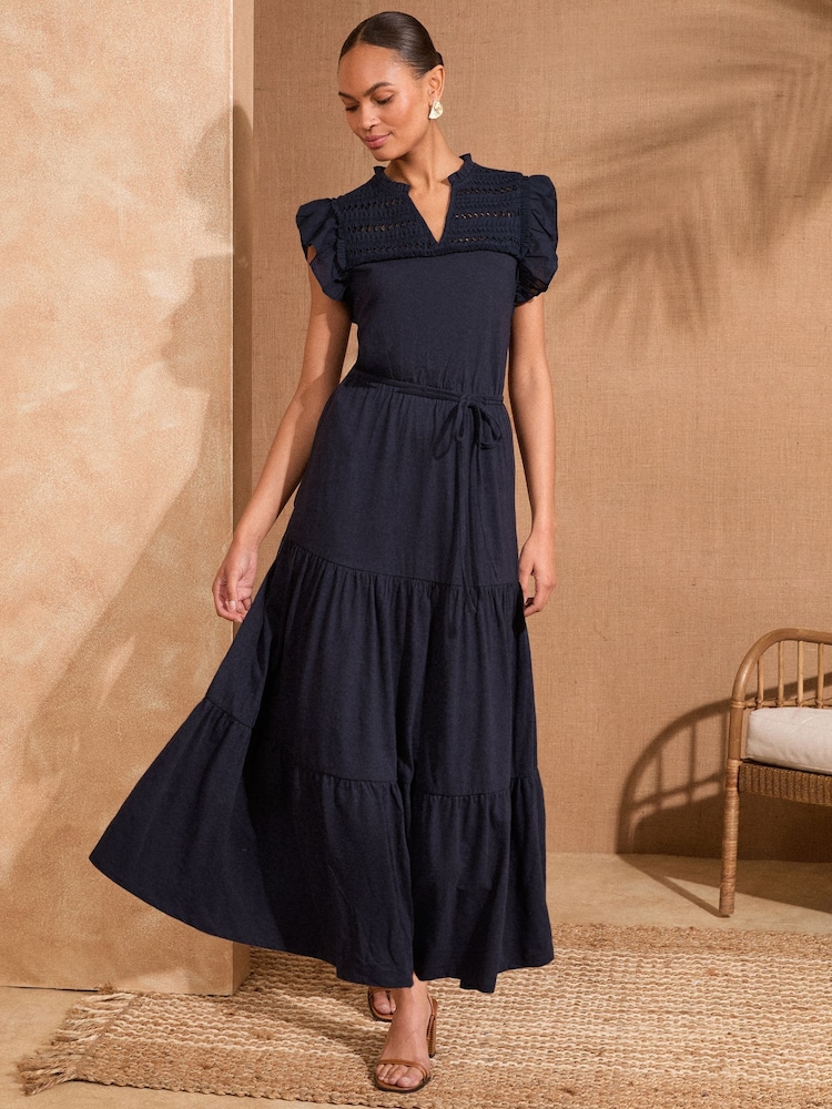 Love & Roses Navy Petite Flutter Sleeve Tired 100% Cotton Midi Dress - Image 1 of 4