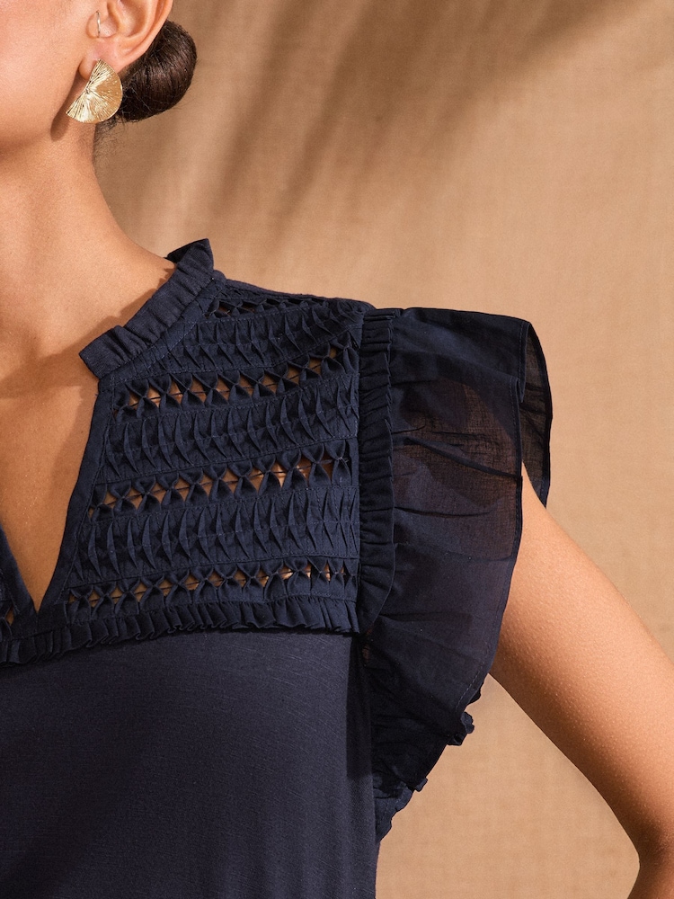 Love & Roses Navy Petite Flutter Sleeve Tired 100% Cotton Midi Dress - Image 2 of 4