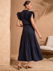 Love & Roses Navy Petite Flutter Sleeve Tired 100% Cotton Midi Dress - Image 4 of 4