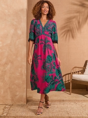 Love & Roses Pink Tropical Petite Printed V-Neck Kimono Sleeve Midi Dress - Image 1 of 4