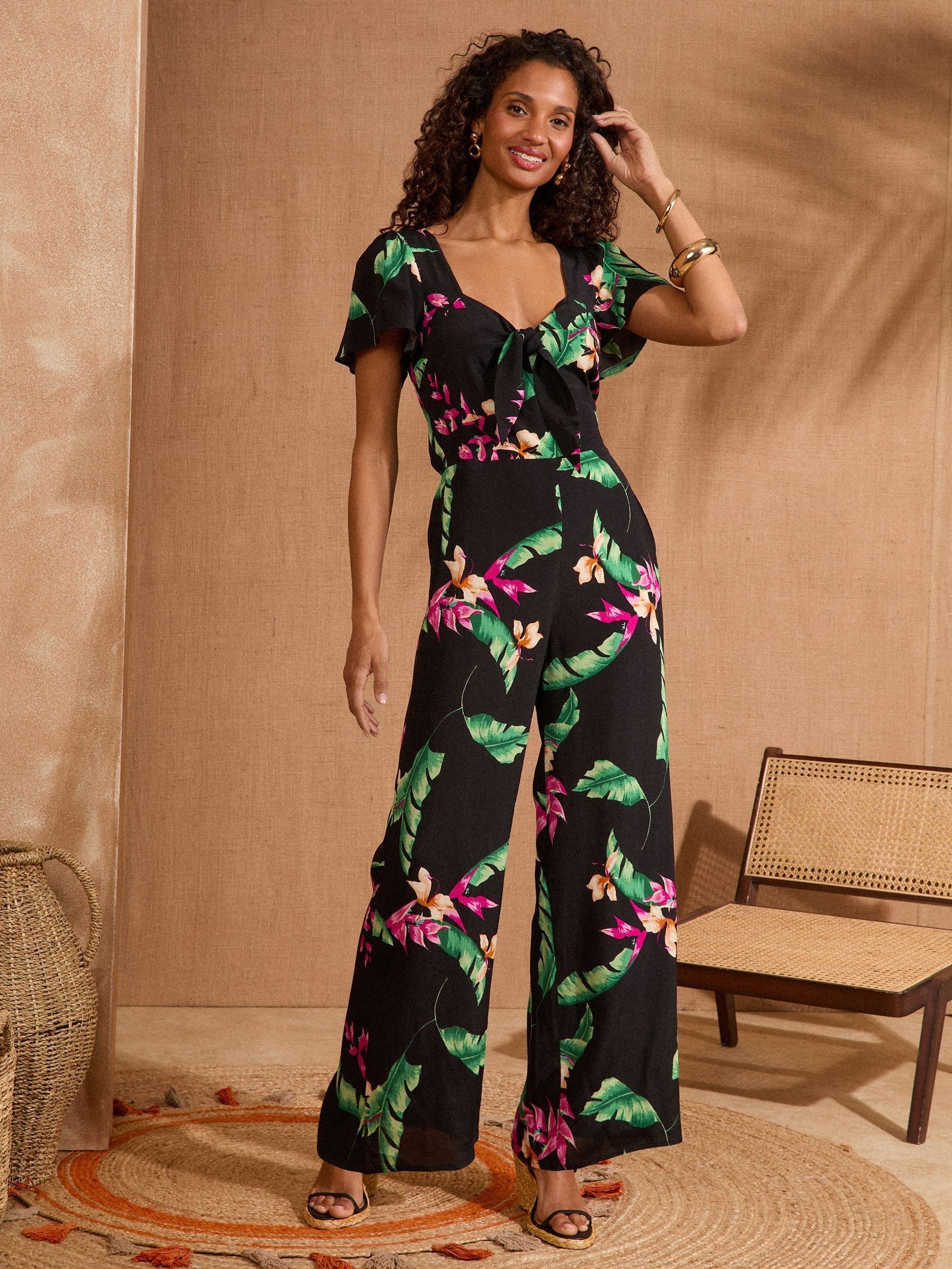Buy Love & Roses Black Tropical Tie Front Flutter Sleeve Jumpsuit
