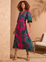 Love & Roses Pink Tropical Printed V-Neck Kimono Sleeve Midi Dress - Image 1 of 4