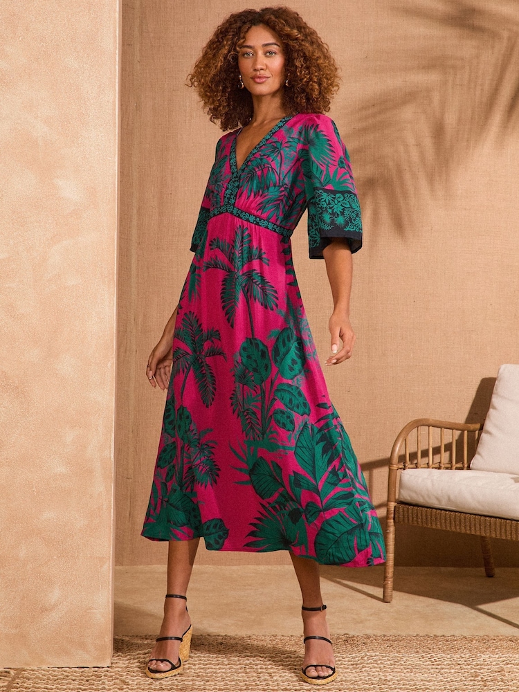 Love & Roses Pink Tropical Printed V-Neck Kimono Sleeve Midi Dress - Image 1 of 4