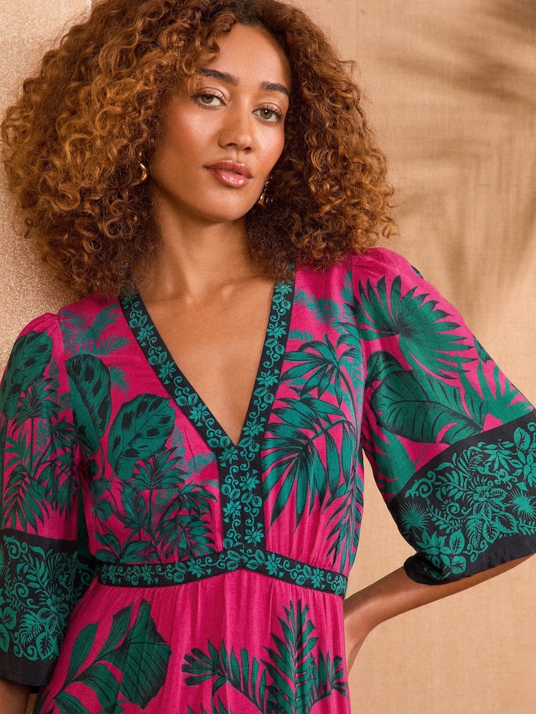 Love & Roses Pink Tropical Printed V-Neck Kimono Sleeve Midi Dress - Image 2 of 4