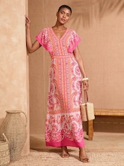 Love & Roses Ivory Woodblock Printed V-Neck Flutter Sleeve Maxi Dress With Linen - Image 1 of 4